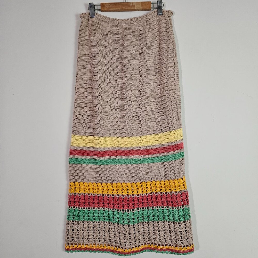 Free People Crochet Knit Skirt Medium Tan Midi Boho Coastal Beach Festival - Picture 7 of 12